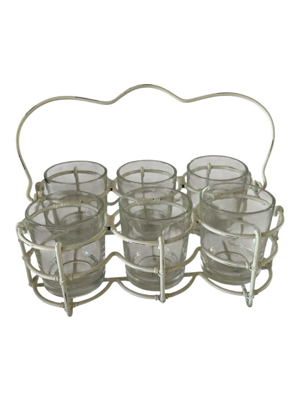 Hallmark White Metal Votive Holder Set 6 Clear Glass Cups Wire Caddy Vintage